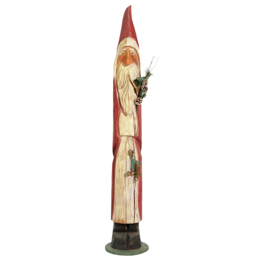 Painted and Embellished Santa Claus Carved Wood Statuette