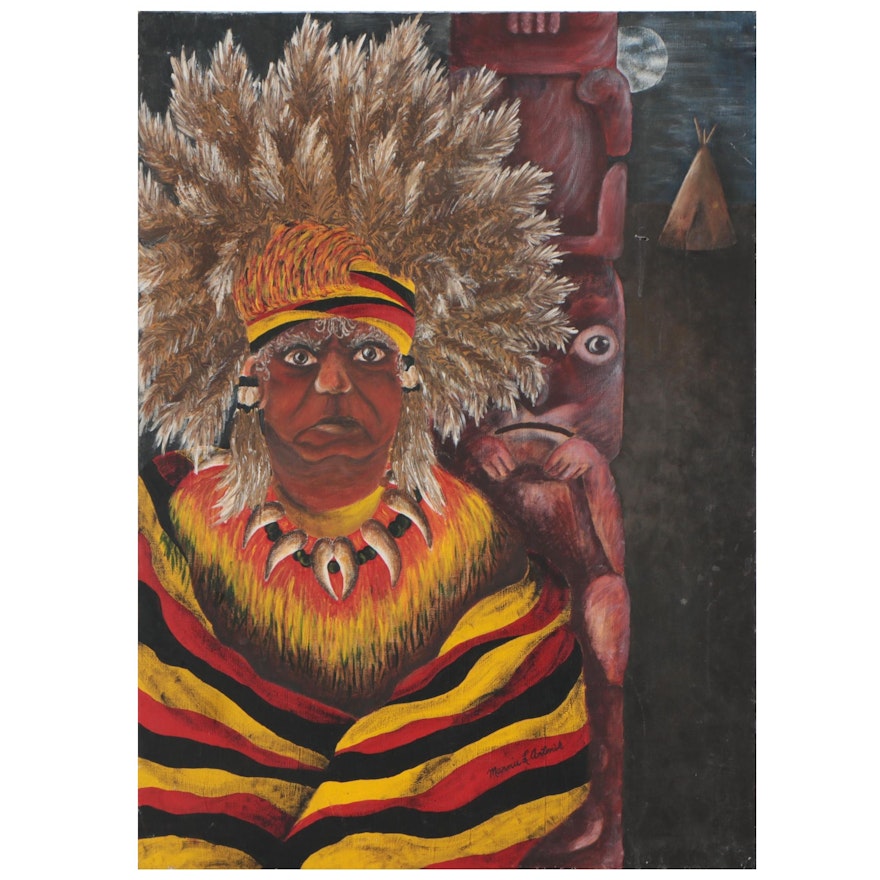 Marnie Antonik Acrylic Painting of Indigenous Elder, Late 20th Century