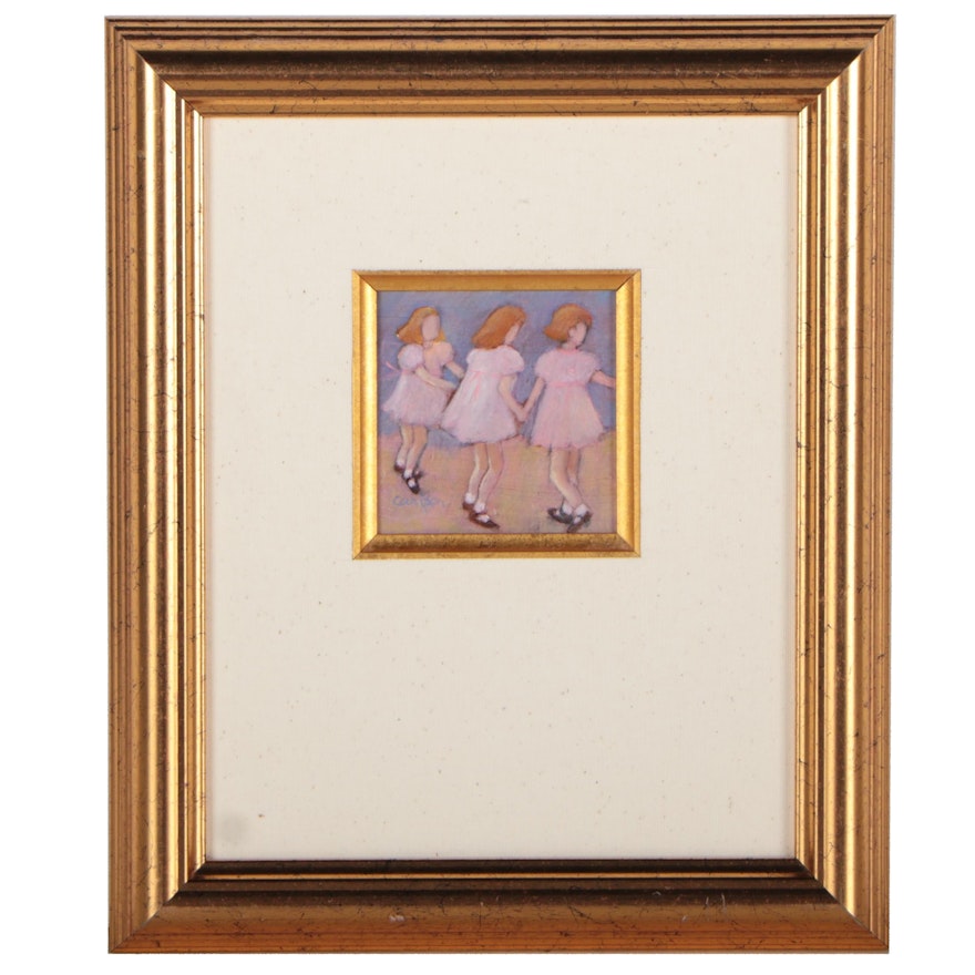 Sallie Carlson Miniature Acrylic Painting of Young Girls Dancing, 21st Century