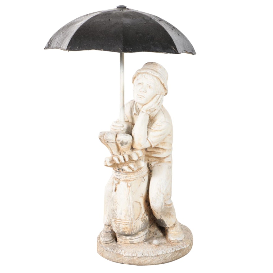 Painted Cast Concrete Garden Fountain of Golfer with Umbrella