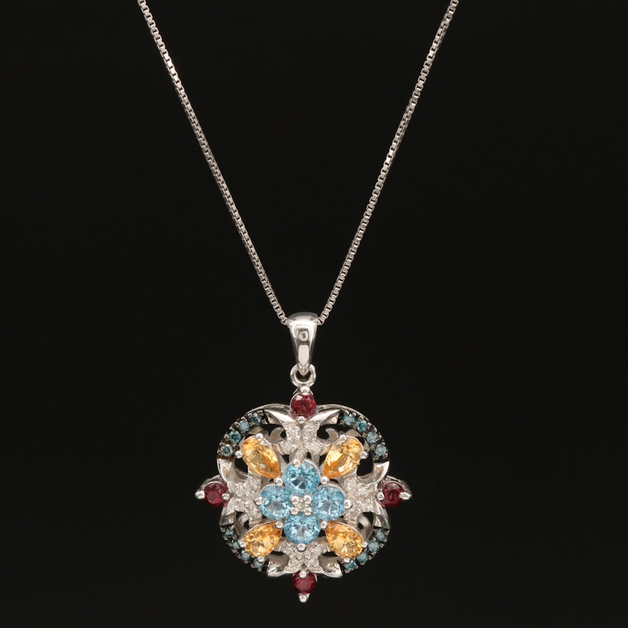 Sterling Swiss Blue Topaz and Diamond Openwork Pendant Necklace