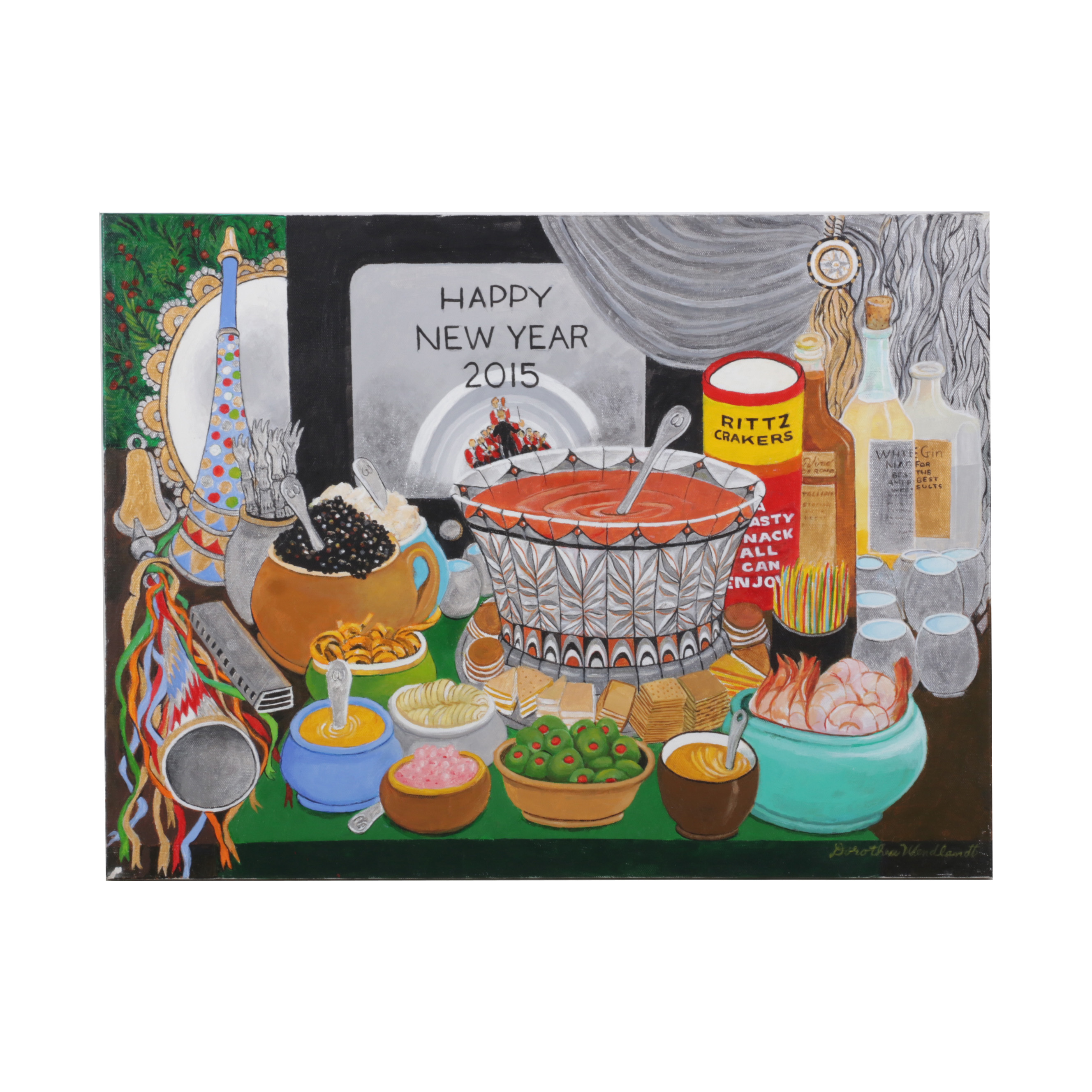 Dorothea S. Wendlandt Folk Art Oil Painting of New Year's Party Food and Drink