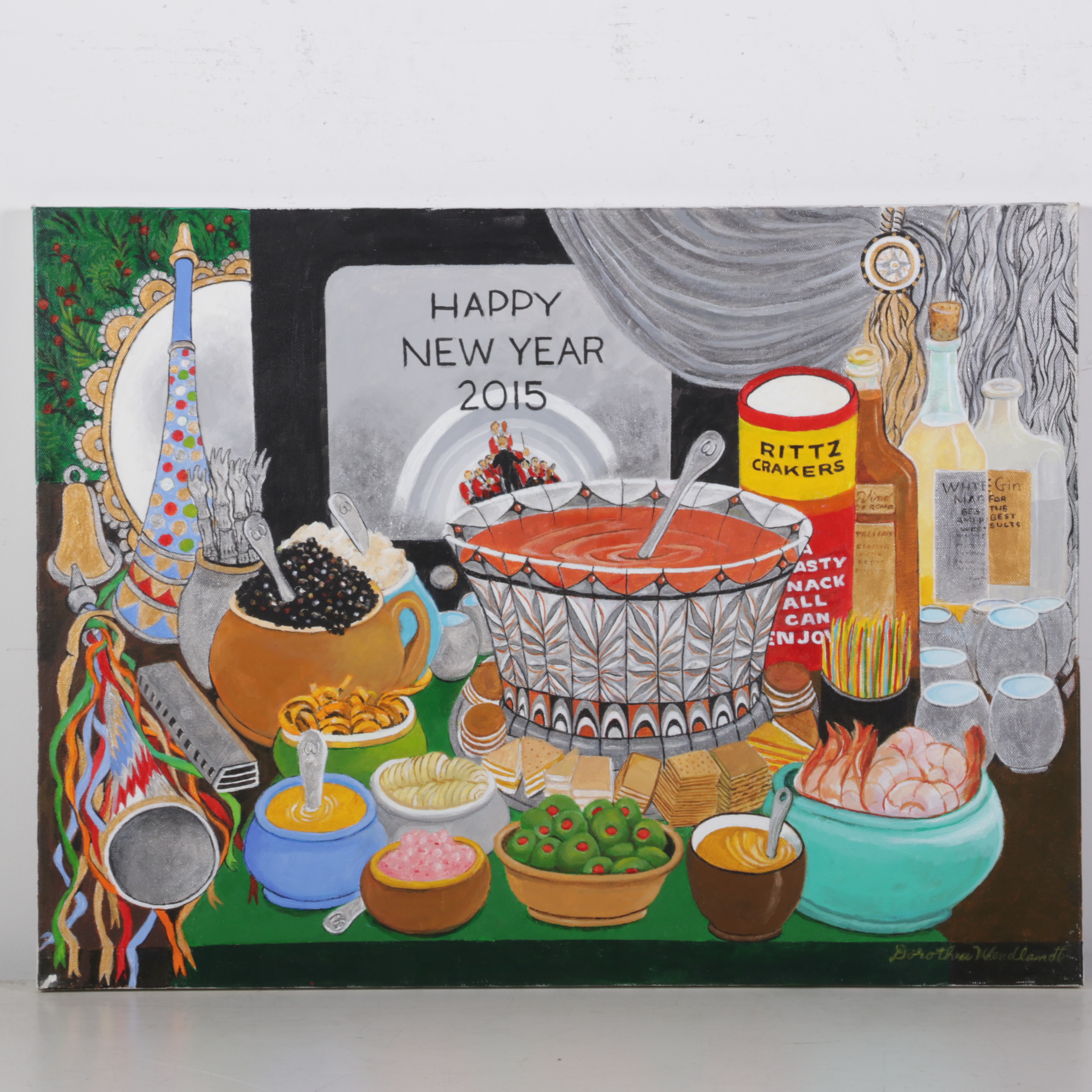 Dorothea S. Wendlandt Folk Art Oil Painting of New Year's Party Food and Drink