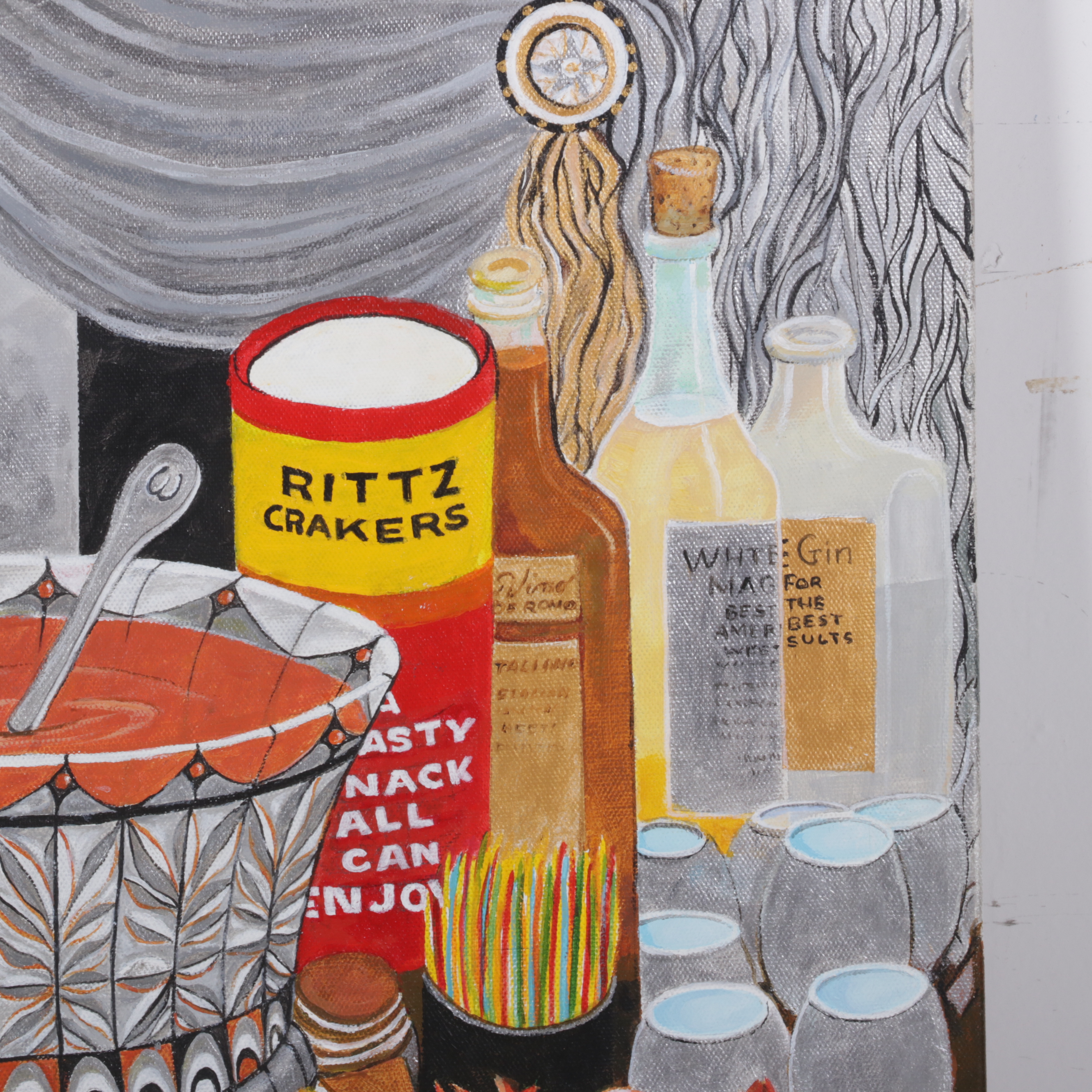 Dorothea S. Wendlandt Folk Art Oil Painting of New Year's Party Food and Drink