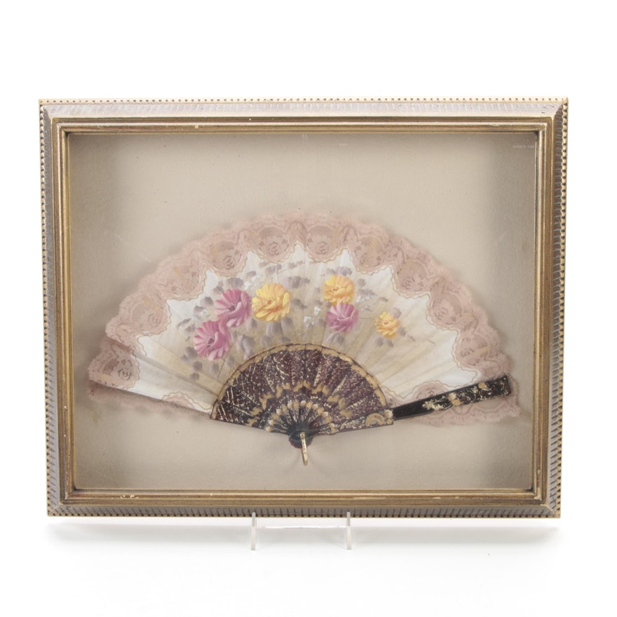 Framed Hand-Painted Lace Trimmed Hand Fan