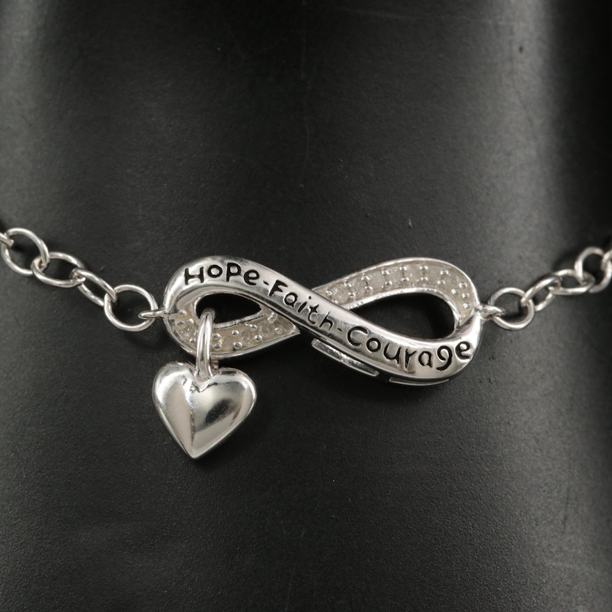 Sterling Diamond "Hope, Faith and Courage" Infinity Bracelet with Heart Charm