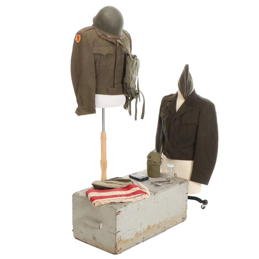 WWII Era U.S. Army Eisenhower Jackets, Garrison Caps, Canteen, and More