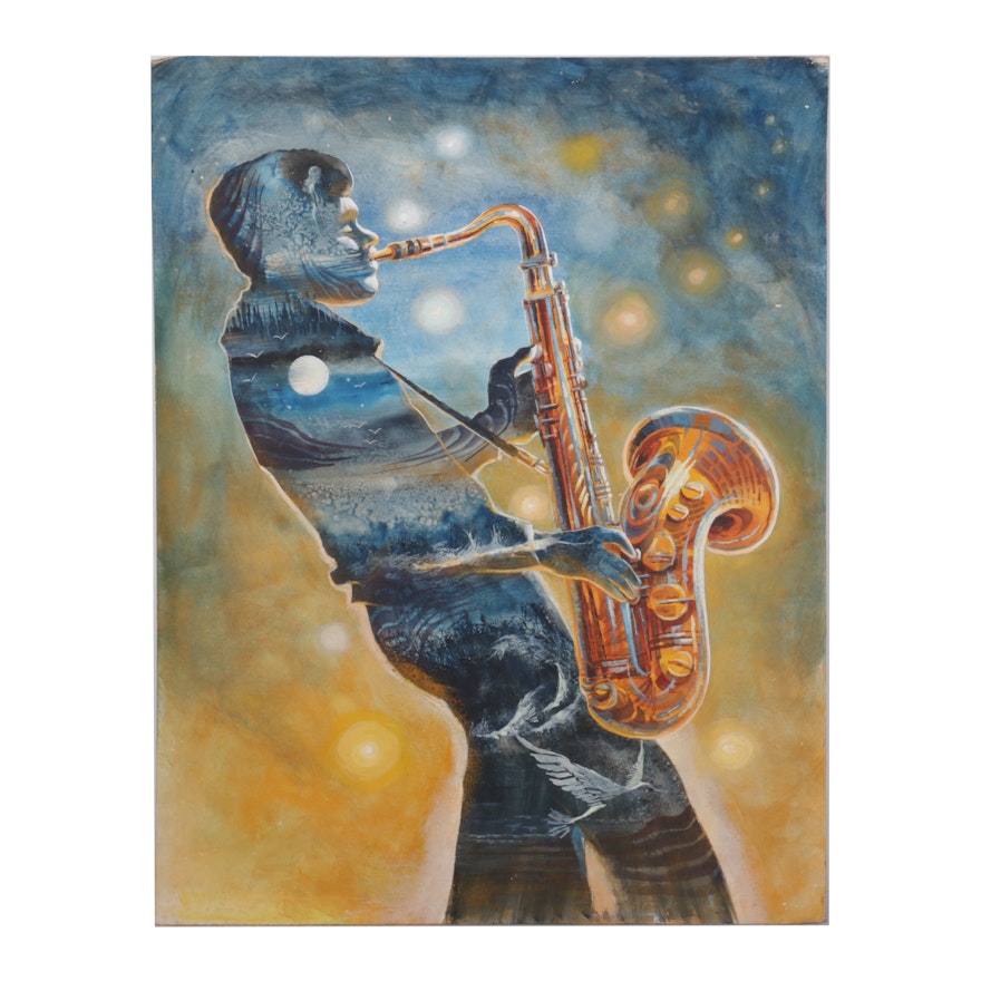 Watercolor and Gouache Painting of Saxophonist, Mid to Late 20th Century