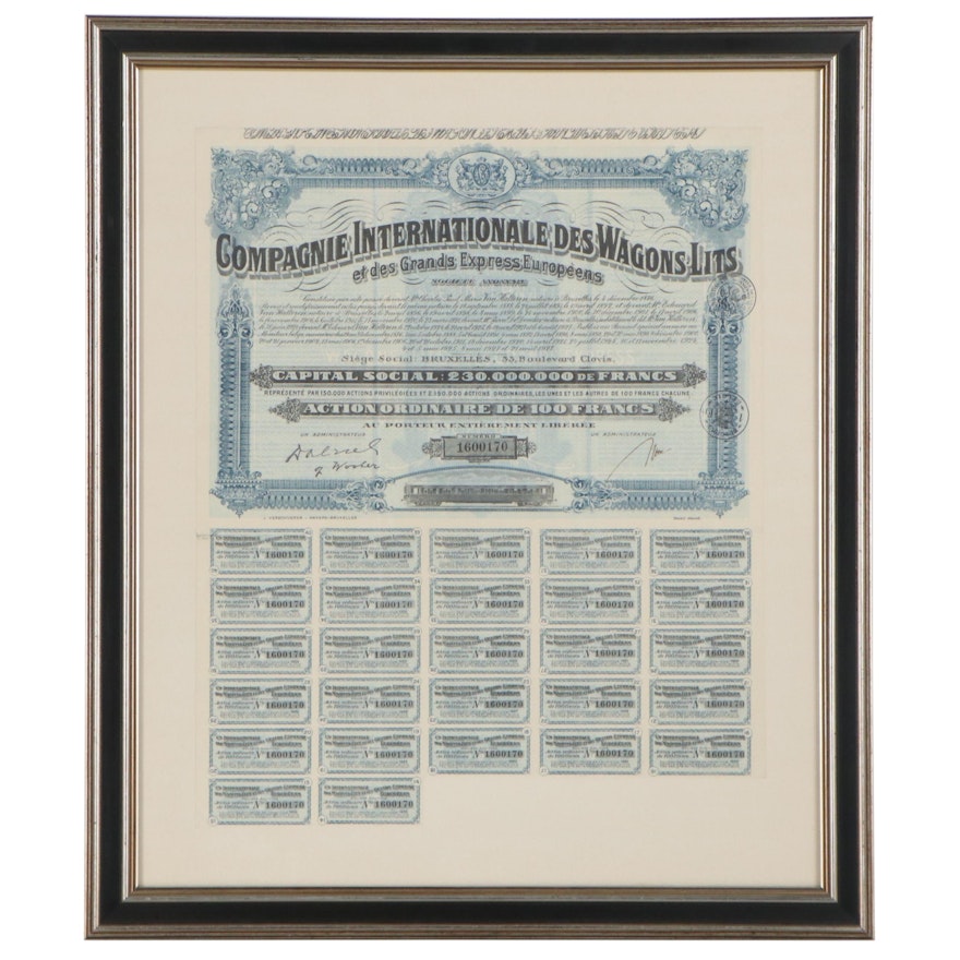 French Stock Certificate "Compagnie Internationale des Wagons-Lits," Circa 1900