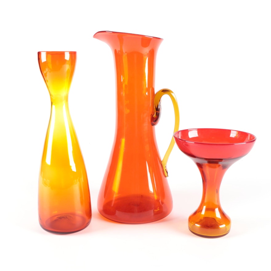 Amberina Blown Glass Vases and Orange Blown Glass Pitcher