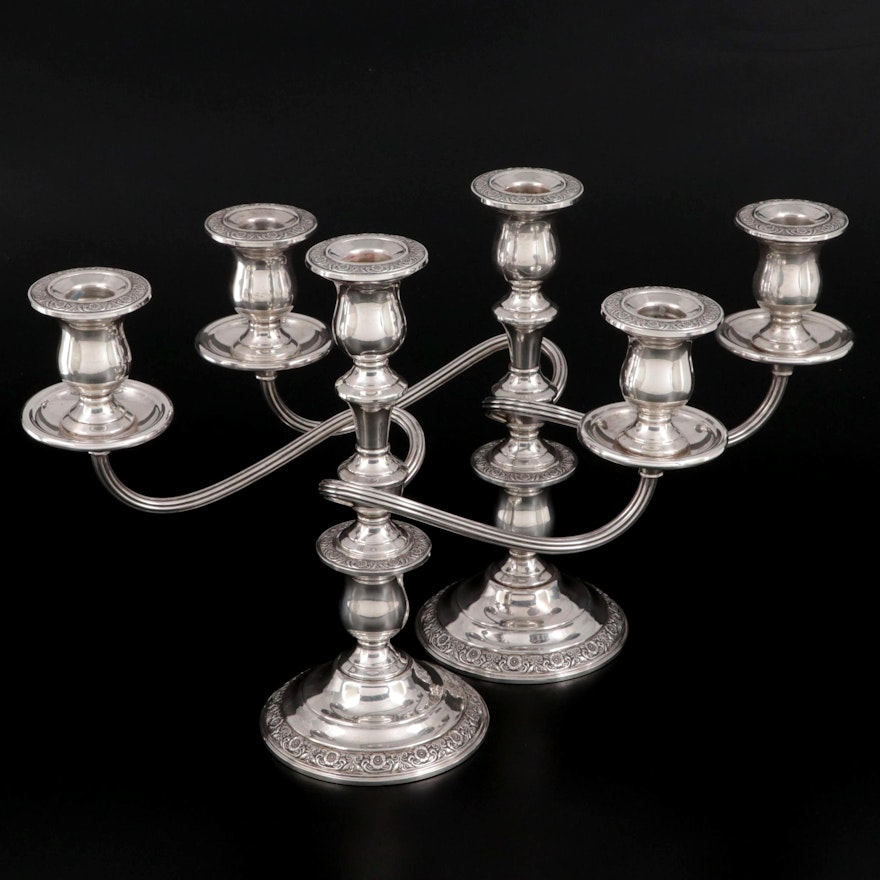International Silver "Prelude" Chased Sterling Silver Three Light Candelabras