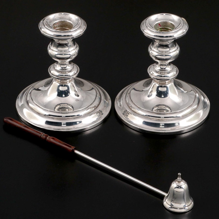 Gorham Sterling Silver Candle Holders with Web Sterling and Rosewood Snuffer