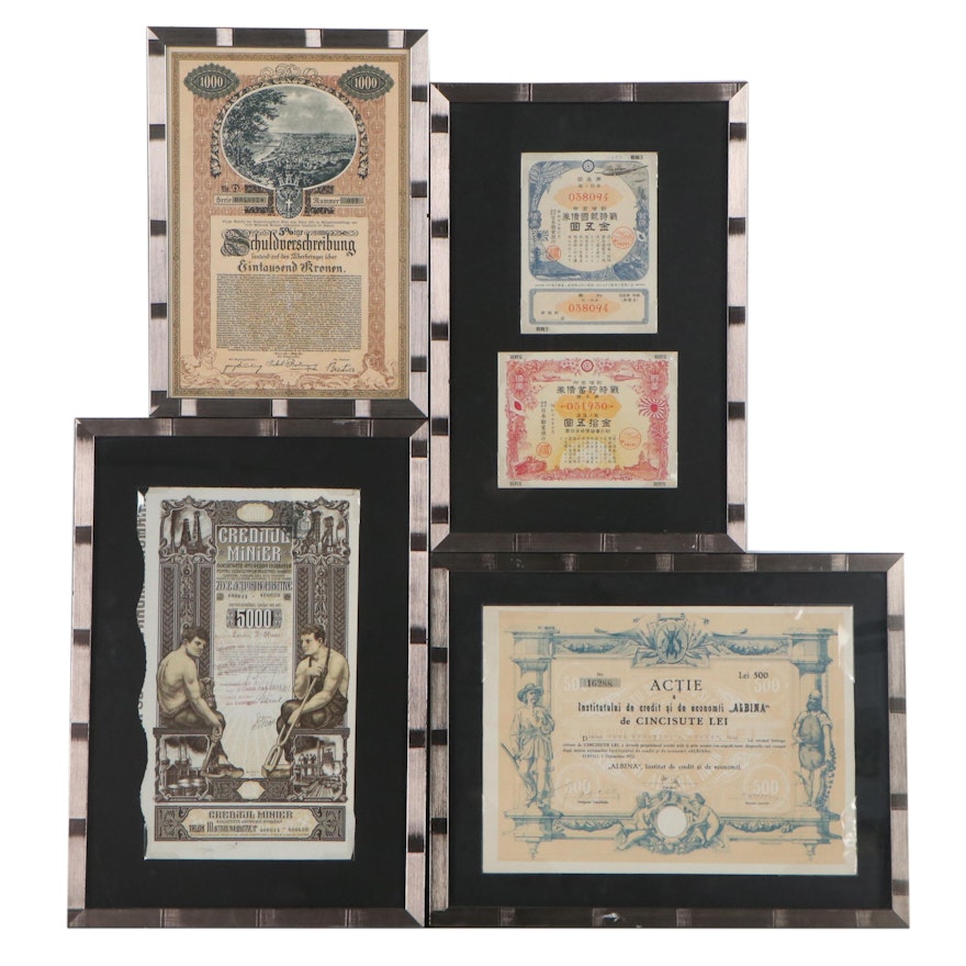 German, Japanese, Italian, and Other World Stock Certificates, Circa 1900