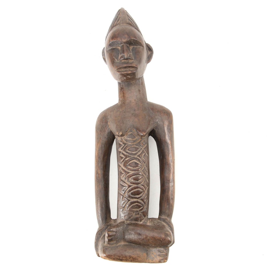 Bembe Style Hand-Carved Wood Seated Figure, Central Africa