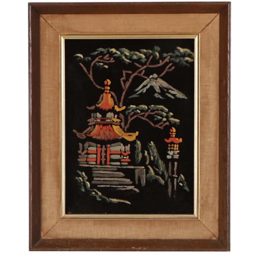 Acrylic Painting on Velvet of Pagoda, Late 20th Century