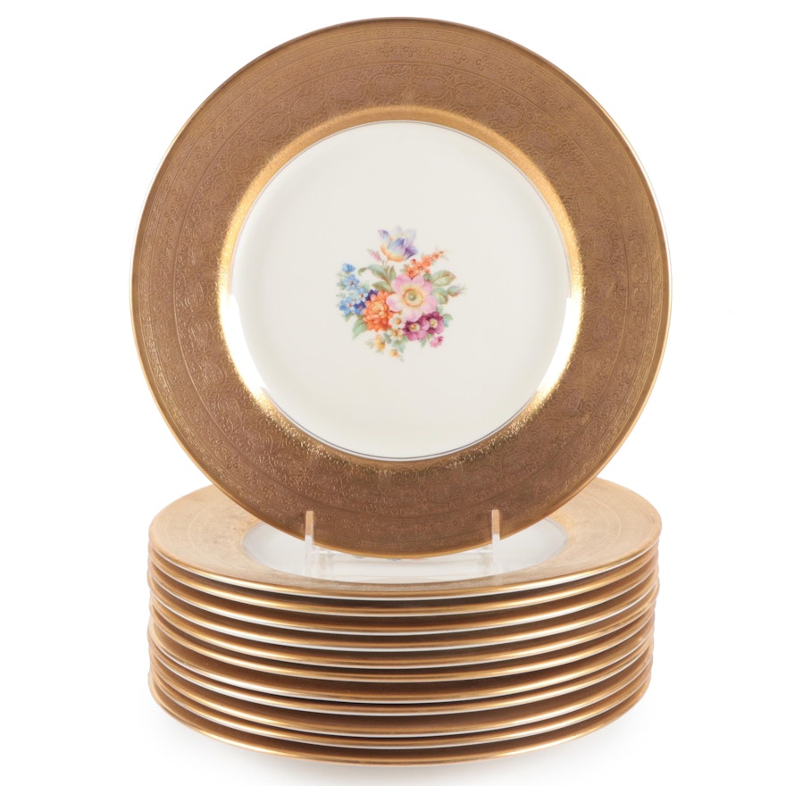 Pickard China Gold Embossed Gold Rim Dinner Plates, Early to Mid 20th Century