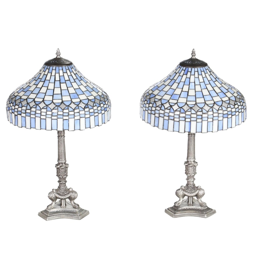 Mosaic Blue and White Slag Glass and Silvered Metal Table Lamps