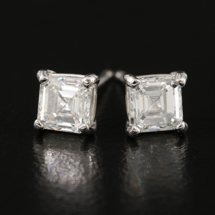 Platinum 1.00 CTW Asscher Cut Diamond Stud Earrings with GIA Reports