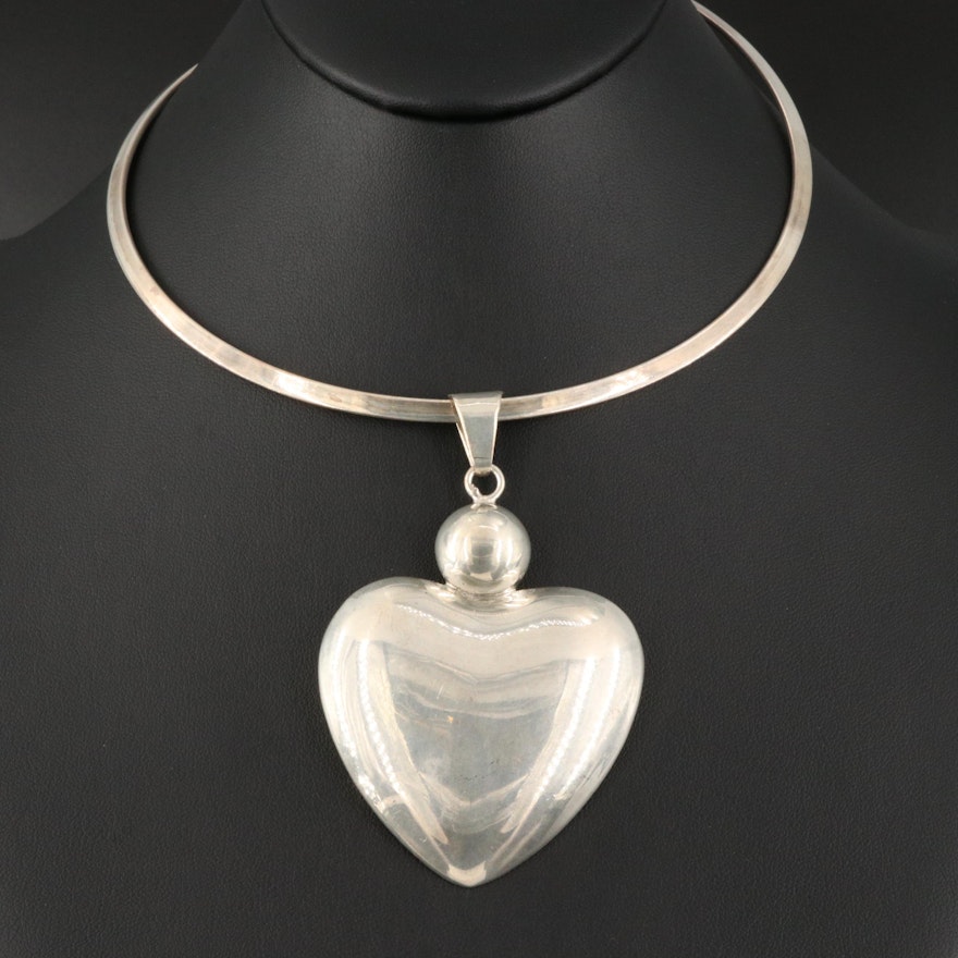 Sterling Silver Torque with Puffed Heart Pendant