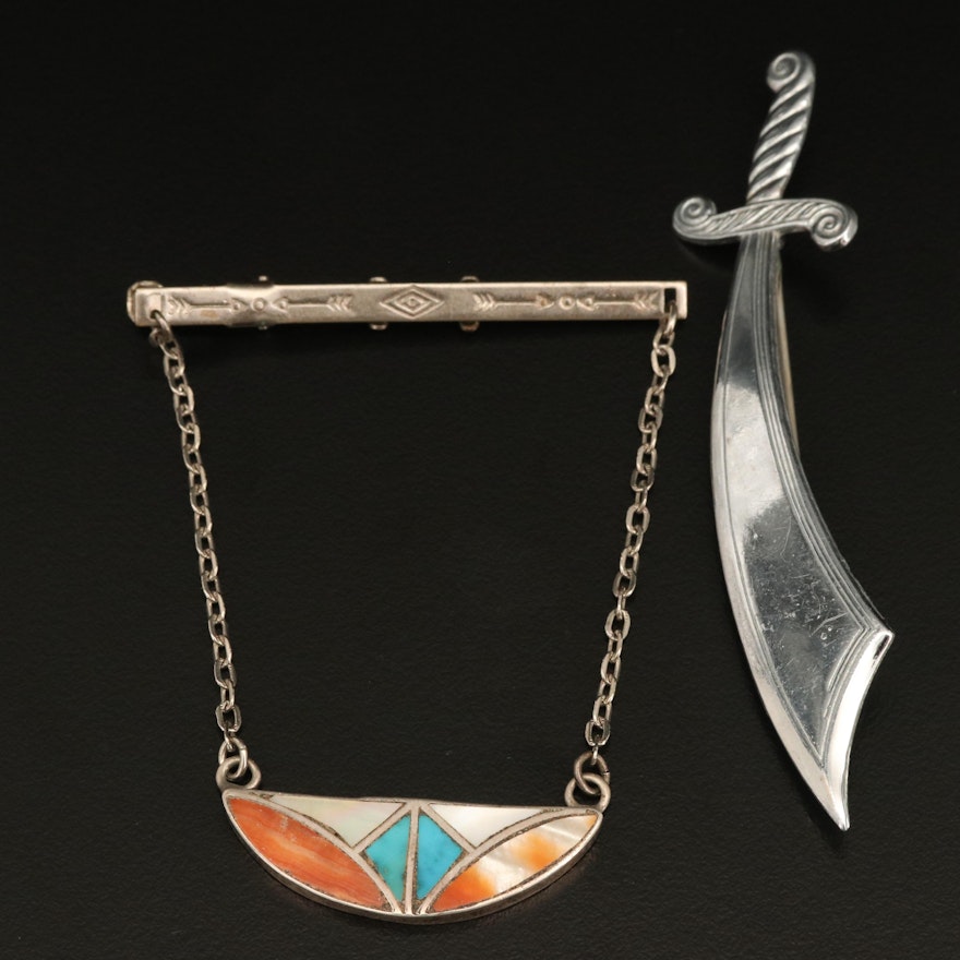 Scimitar Brooch and Inlay Tie Clip with Mother of Pearl, Shell and Turquoise