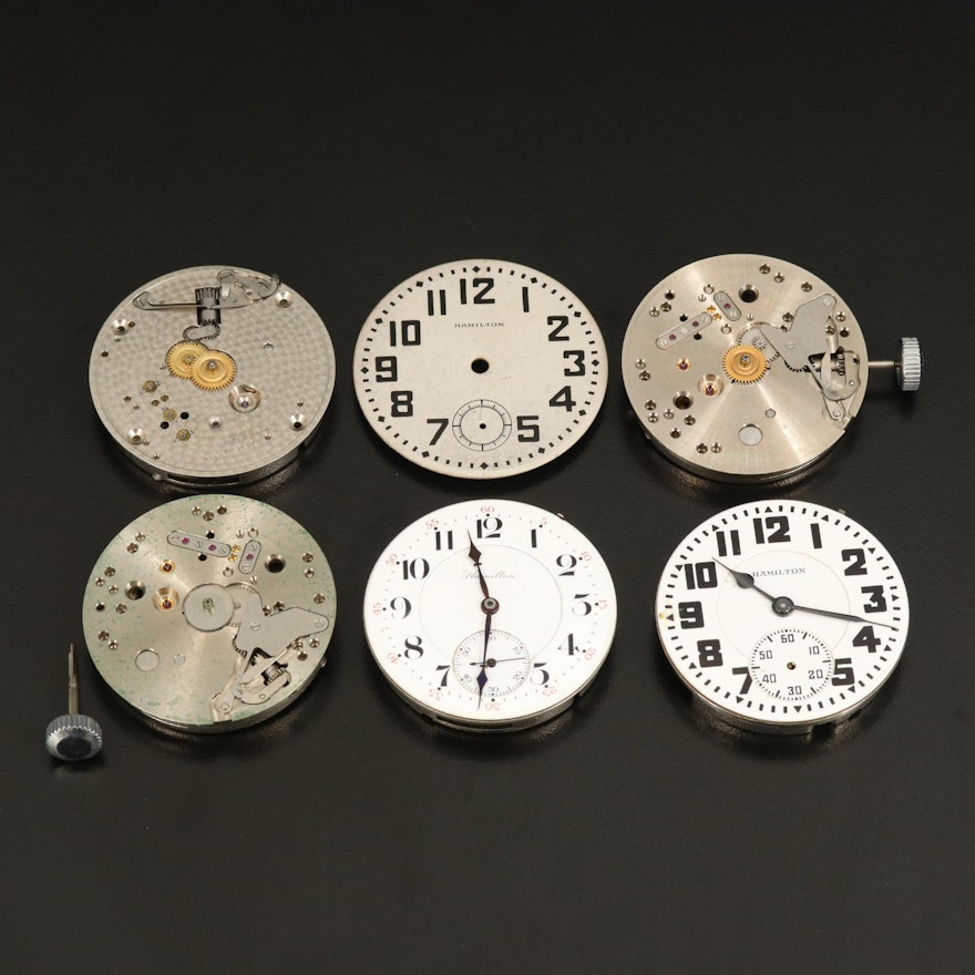 5 Hamilton Pocket Watch Movements and One Dial