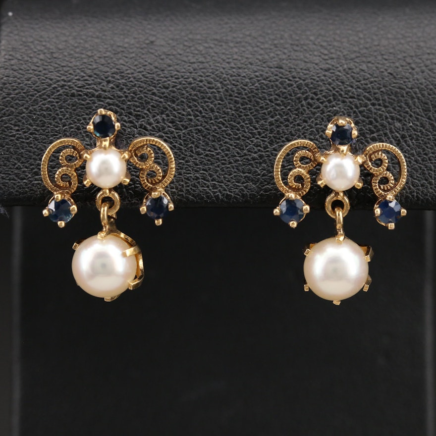 14K Pearl and Sapphire Drop Earrings
