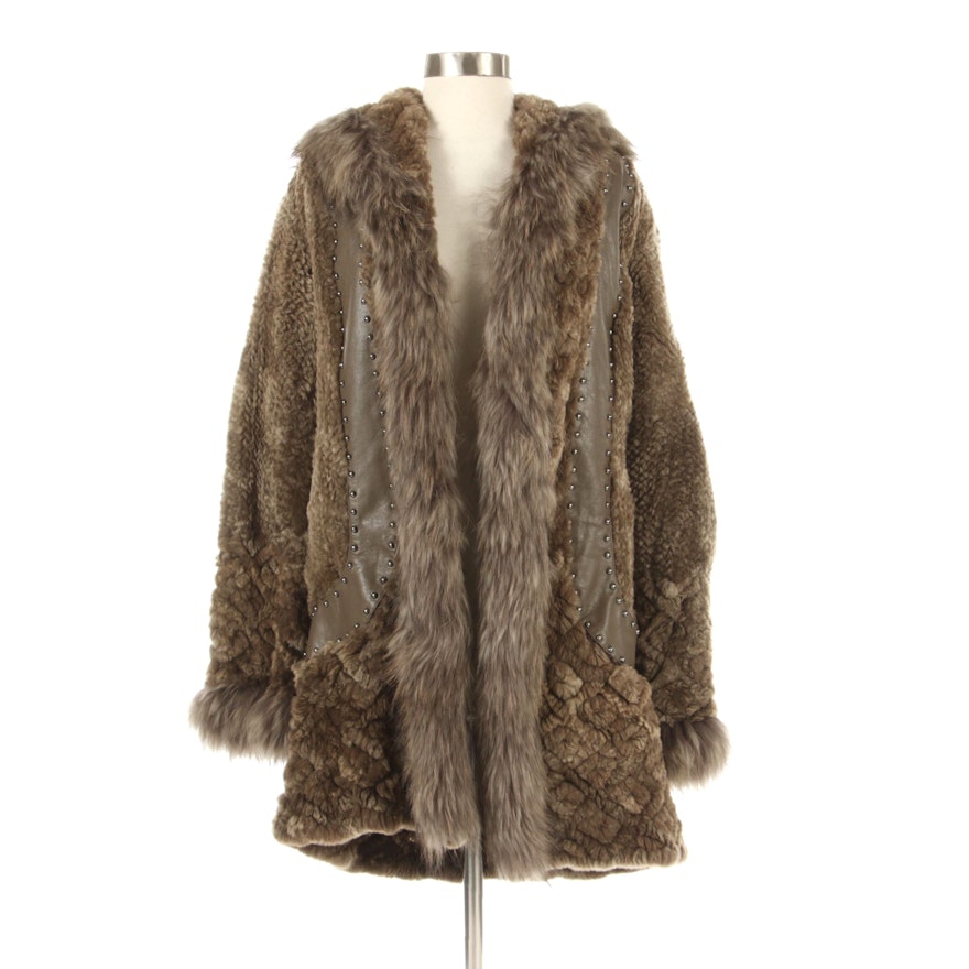 Knitted Sheared Beaver Hooded Coat with Fox Fur and Studded Leather Trim