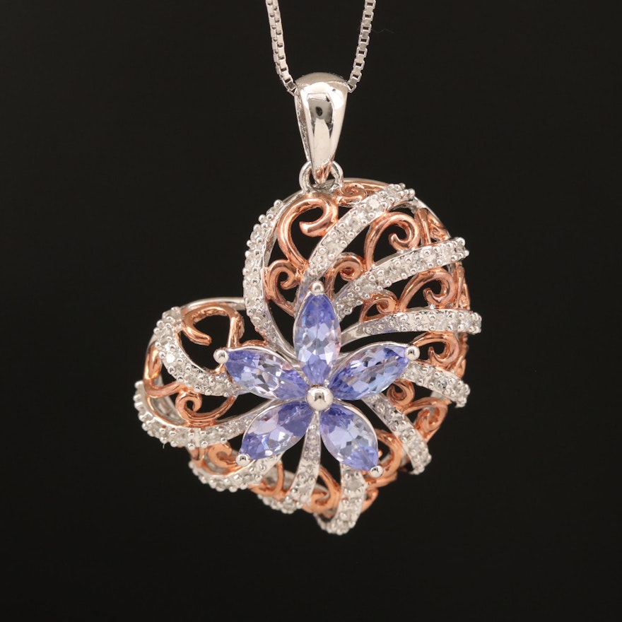 Sterling Diamond and Tanzanite Scrollwork Floral Heart Pendant Necklace