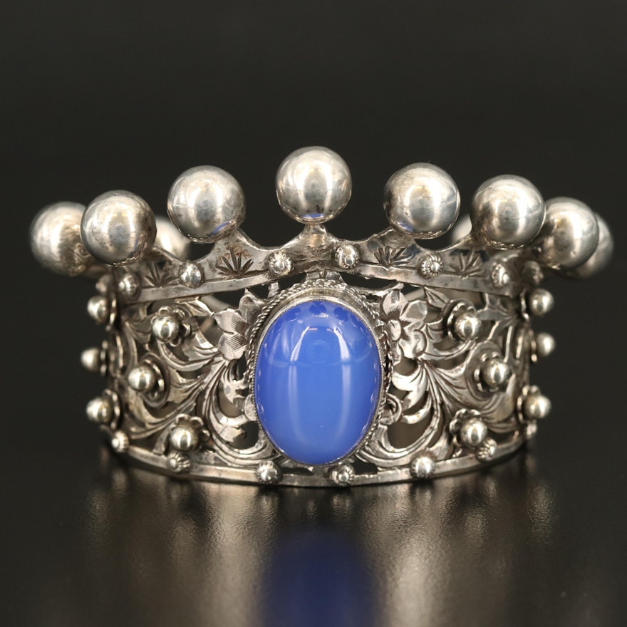 Vintage 800 Silver Chalcedony Crown Cuff with Floral Cut Outs