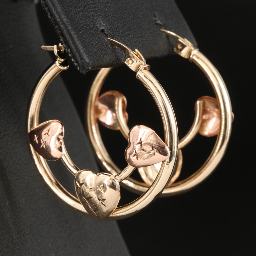 10K Two-Tone Triple Heart Hoop Earrings