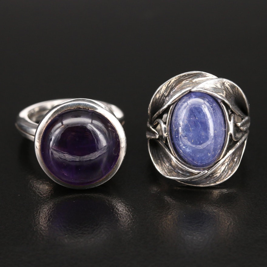 Israelic and Modernist Sterling Rings with Amethyst and Tanzanite