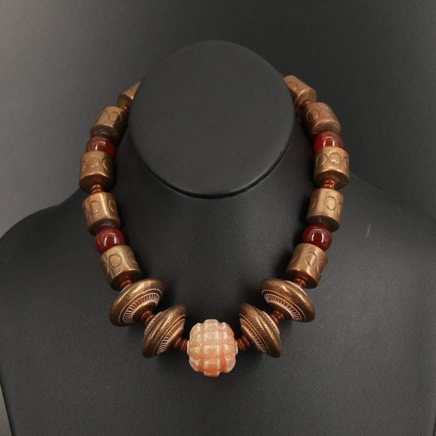 Lois S. Becker Graduated Beaded Carnelian and Quartzite Necklace
