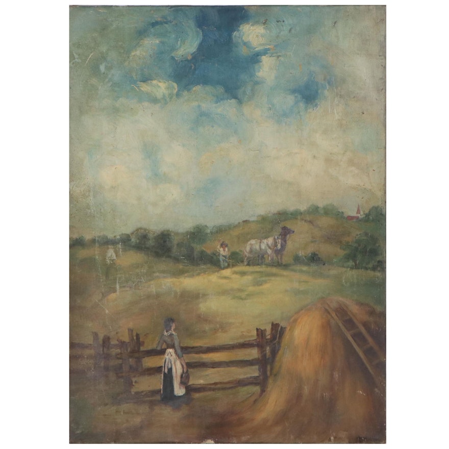 Landscape Oil Painting of Hay Bale and Field, Early 20th Century