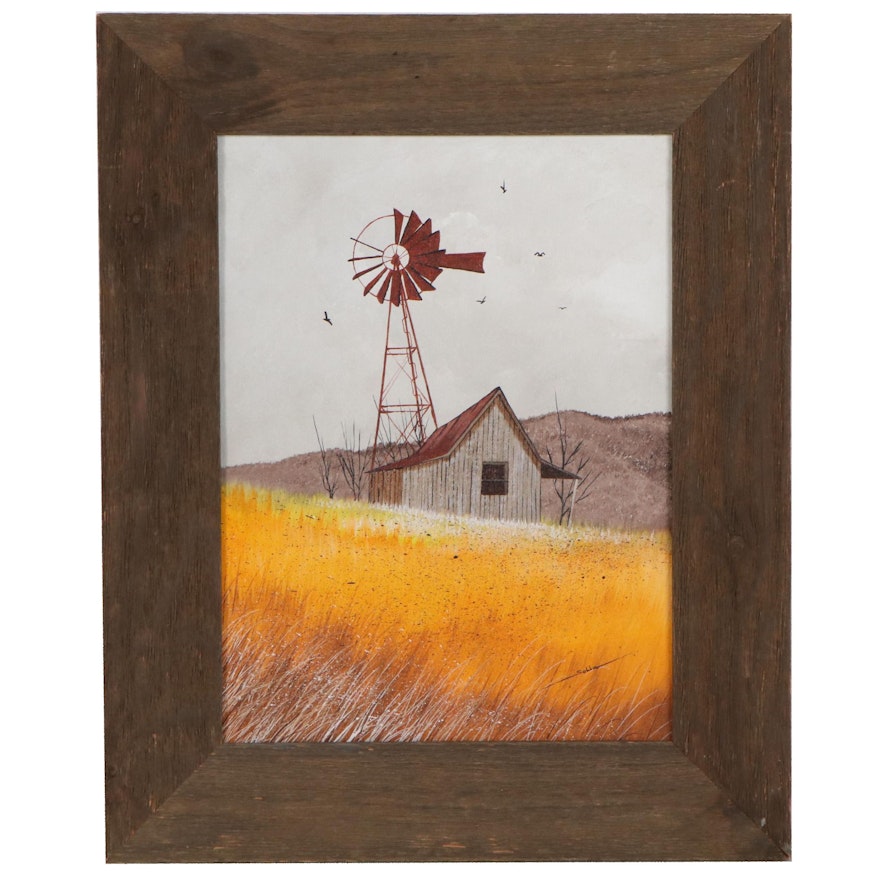 Landscape Oil Painting of Windmill and Cabin, Circa 2000