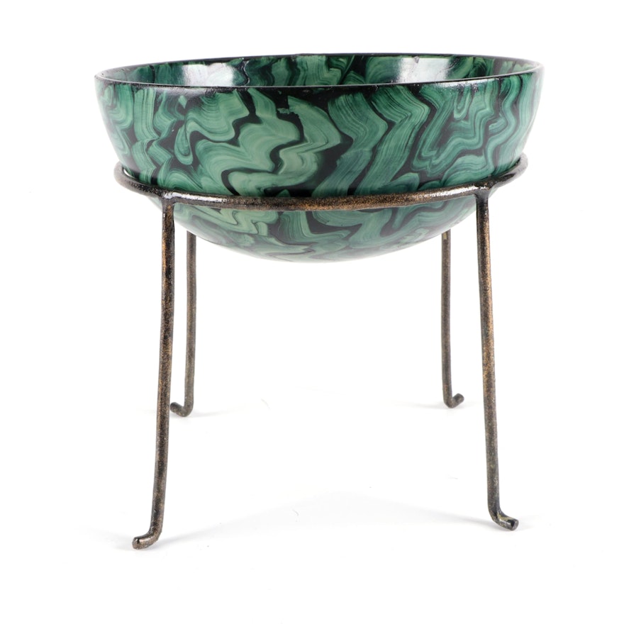 Hand-Painted Green Swirl Ceramic Decorative Bowl on Metal Stand