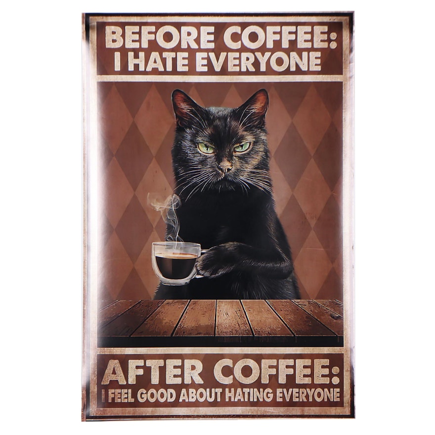 Giclée of a Black Cat Drinking Coffee, 21st Century
