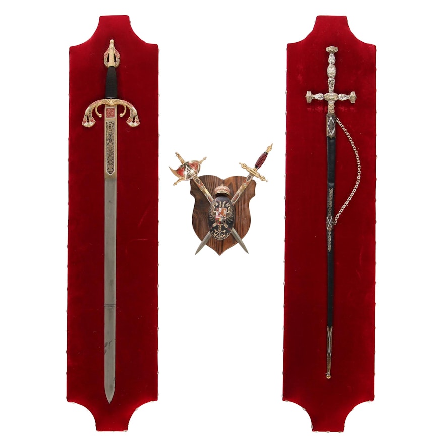 Decorative Fantasy Sword Mounts with Armorial Style Wall Hanging