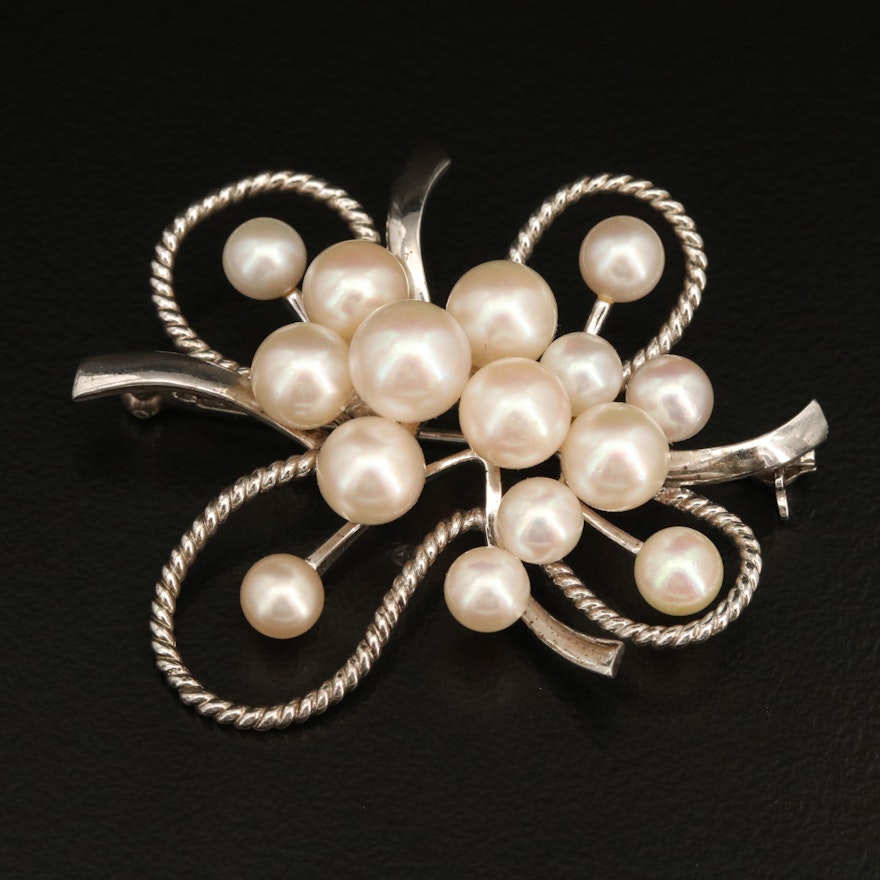 Vintage Mikimoto Sterling Pearl Cluster Brooch