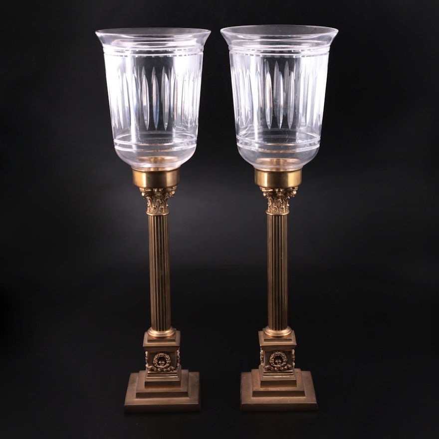 Brass Corinthian Column Style Candlesticks with Glass Hurricane Shade