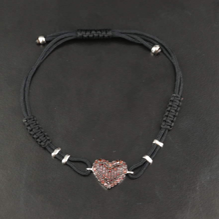 Sterling Fancy Orange Pavé Diamond Heart Cord Bracelet