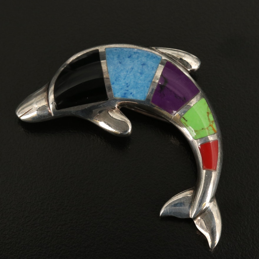 Sterling Dolphin Converter Brooch with Black Onyx and Faux Gemstone Inlay