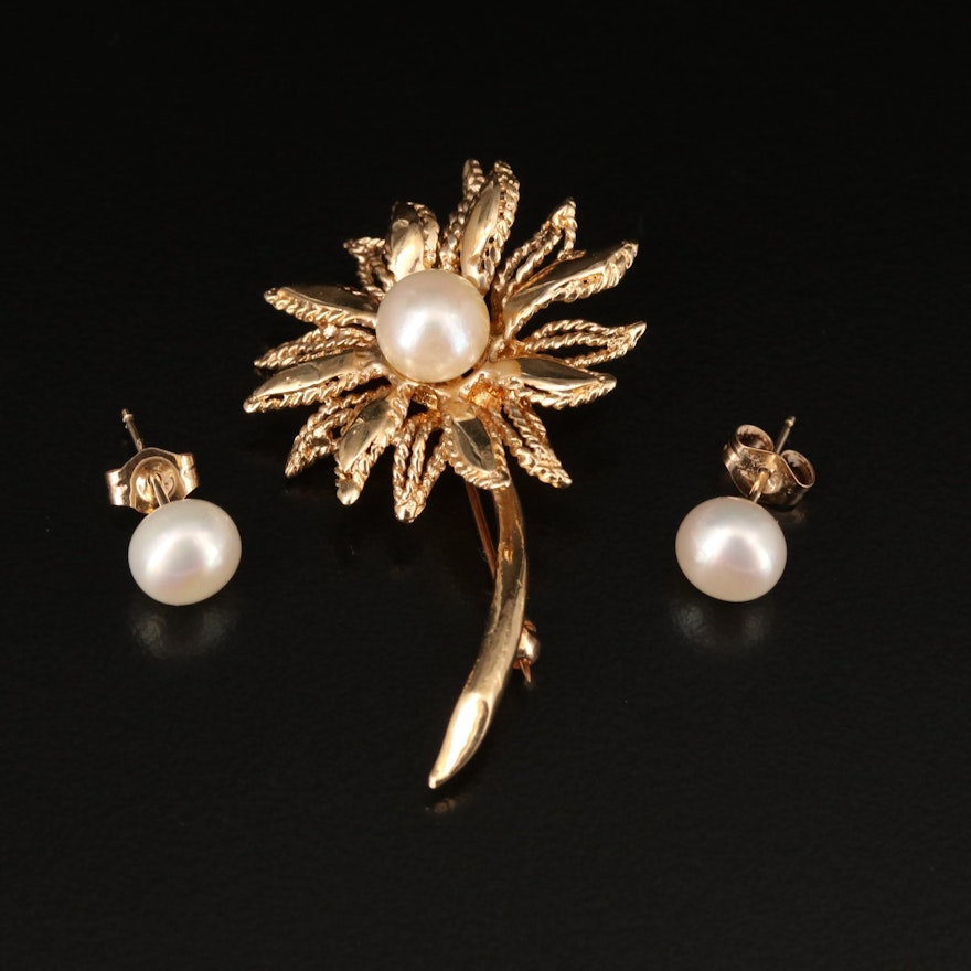 14K Pearl Flower Brooch with 14K Pearl Stud Earrings