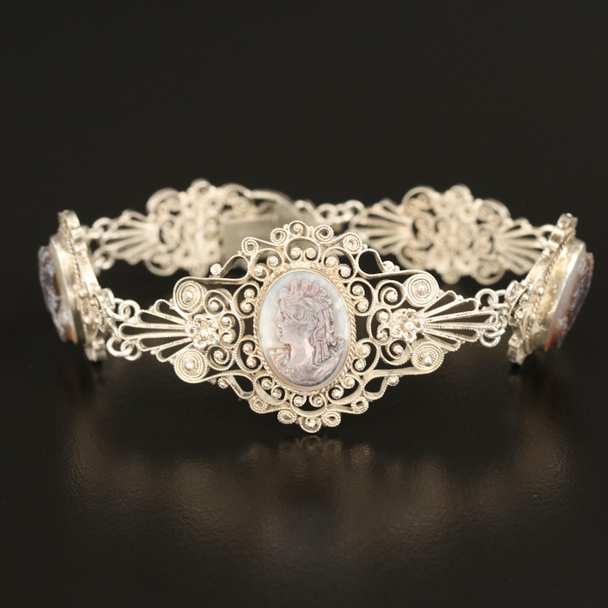 Vintage Sterling Filigree Cameo Bracelet with Cannetille Accents