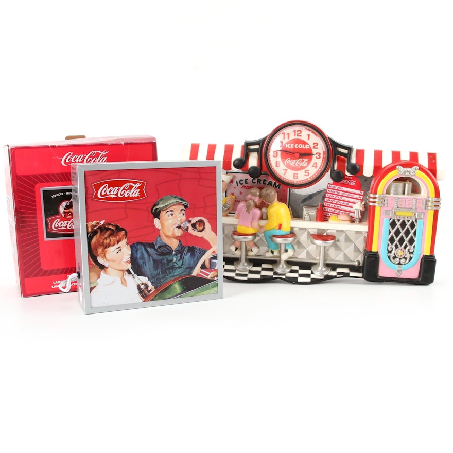 Coca-Cola Diner Themed Wall Clock and Two-Sided Accent Lamp