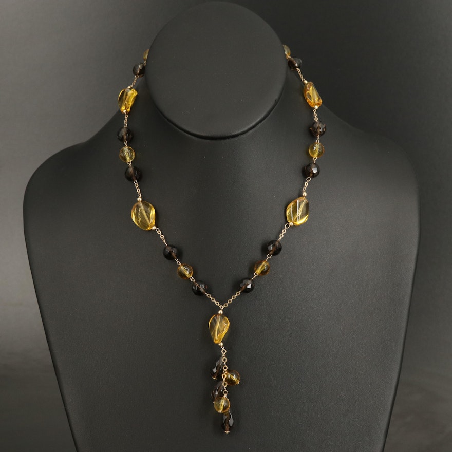 18K Smoky Quartz and Citrine Station Necklace