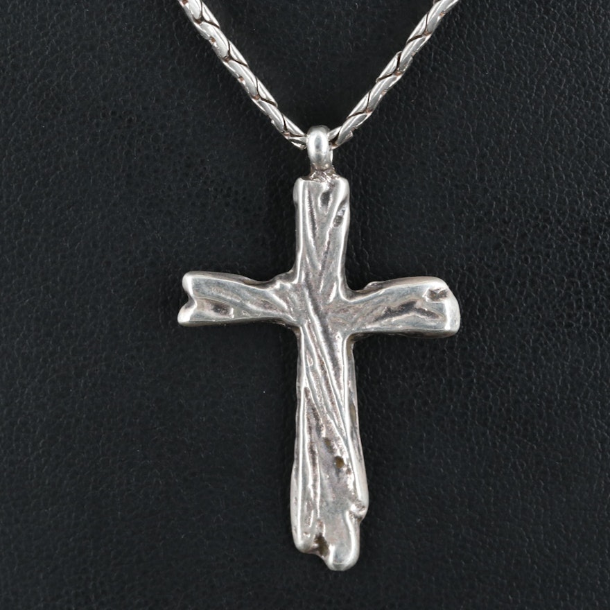 Sterling Cross Pendant with Flat C-Link Necklace