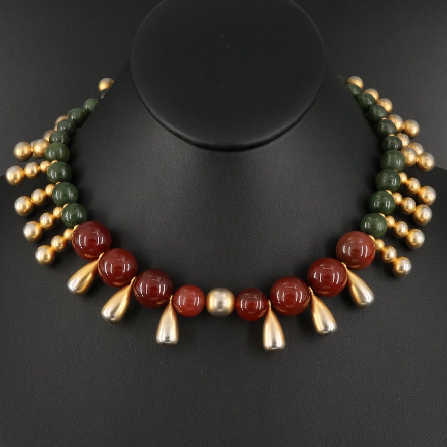 Vintage Carnelian, Serpentine and Black Onyx Fringe Necklace