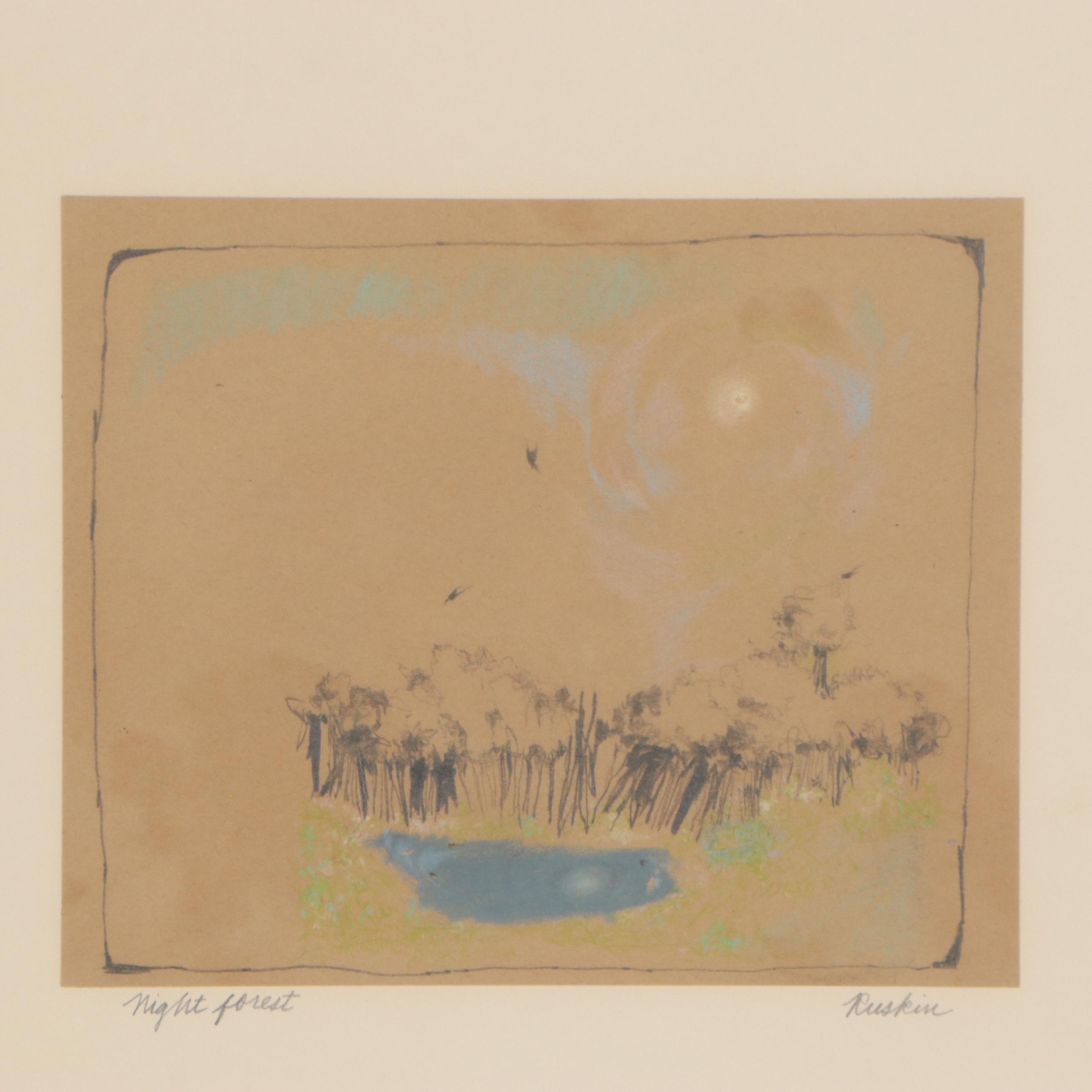 Ruskin Landscape Graphite and Pastel Drawing "Night Forest"