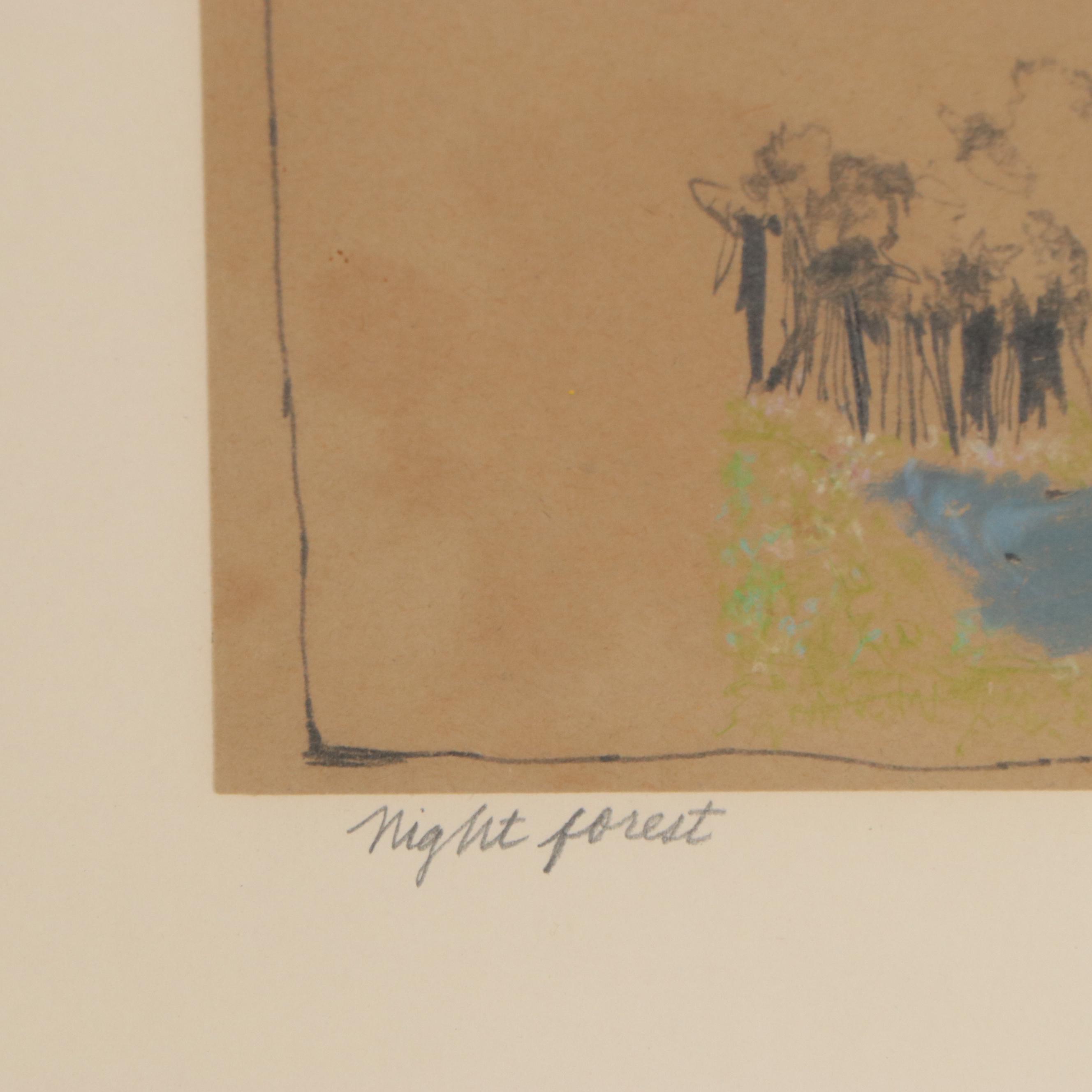 Ruskin Landscape Graphite and Pastel Drawing "Night Forest"