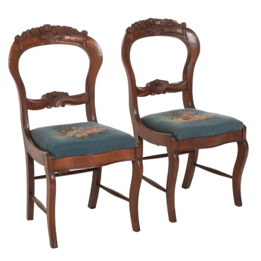 Pair of Victorian Walnut Balloon-Back Side Chairs, Early 20th Century